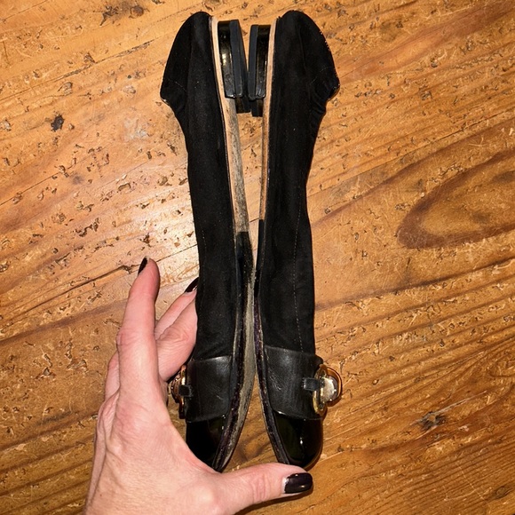 GUCCI RARE 38.5 black suede black patent leather flat back bamboo/gold Horse-bit - Picture 8 of 10